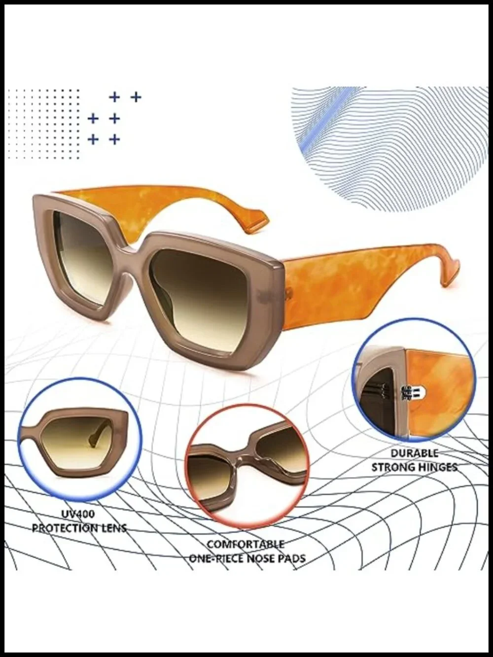 Oversized Square Sunglasses with UV400 Protection Thick Frame